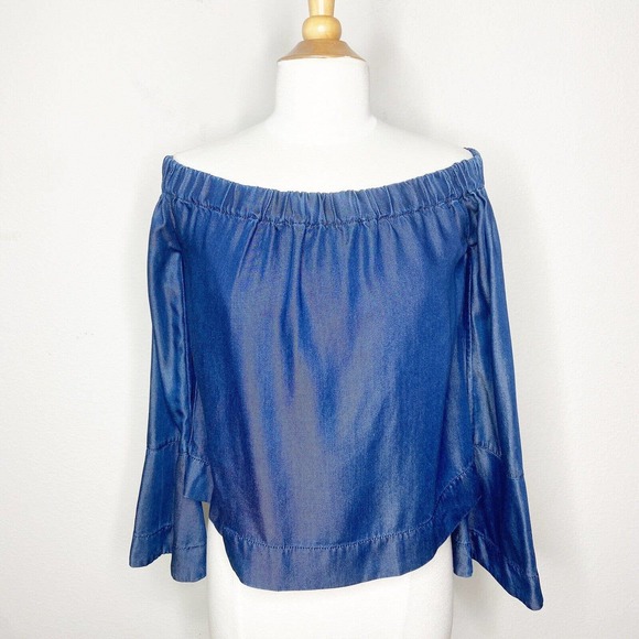 7 for all mankind Off the Shoulder Bell Cuff Sleeve Dark Chambray Top S - Picture 2 of 10